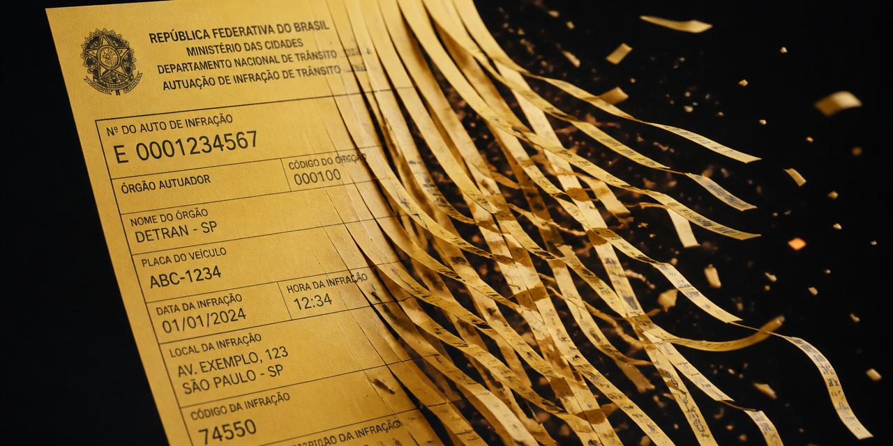 Multa rasgada em tiras geométricas sobre fundo escuro